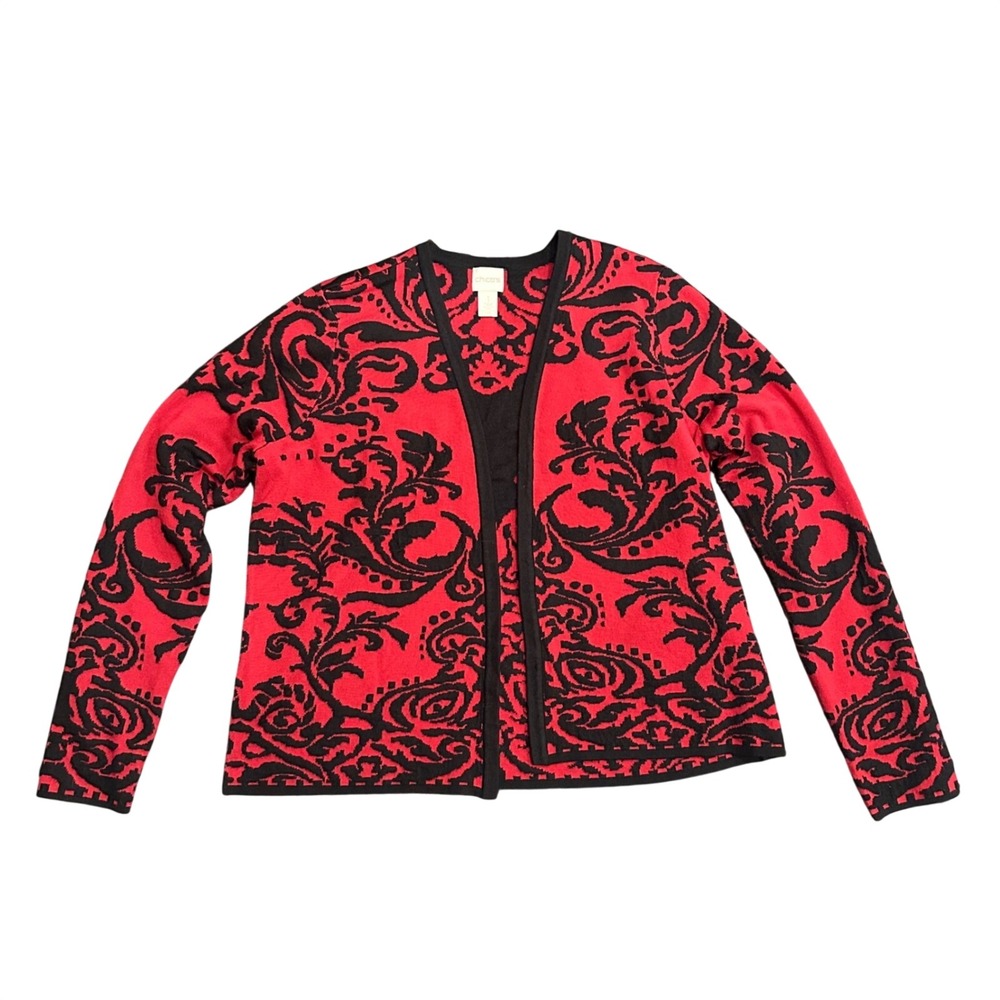 Chicos Red Black Damask Scroll Open Front Cardigan Sweater Womens Size 1 M 8
